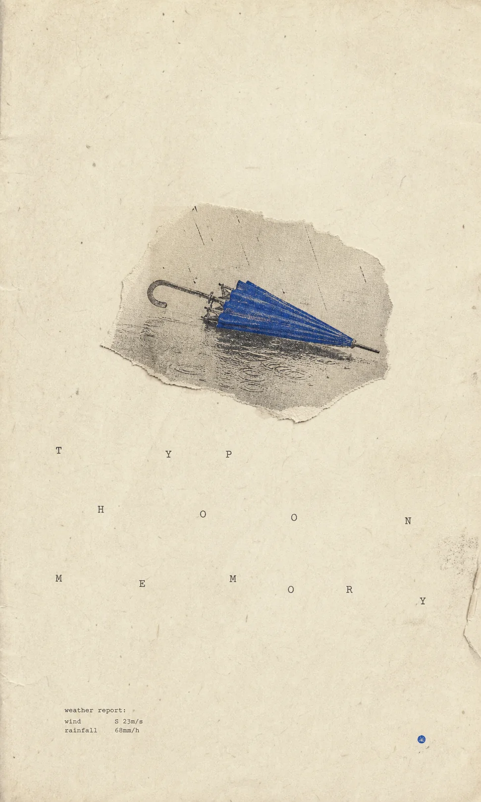 Typhoon Memory 极简 ZINE 海报:蓝色风暴形态与红色小面积锚点
